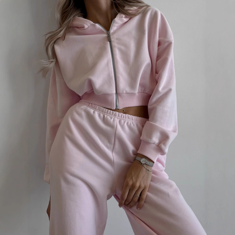 Women's Solid Color Hooded Cardigan Sweatshirt and Jogger Pants Two-Piece Set