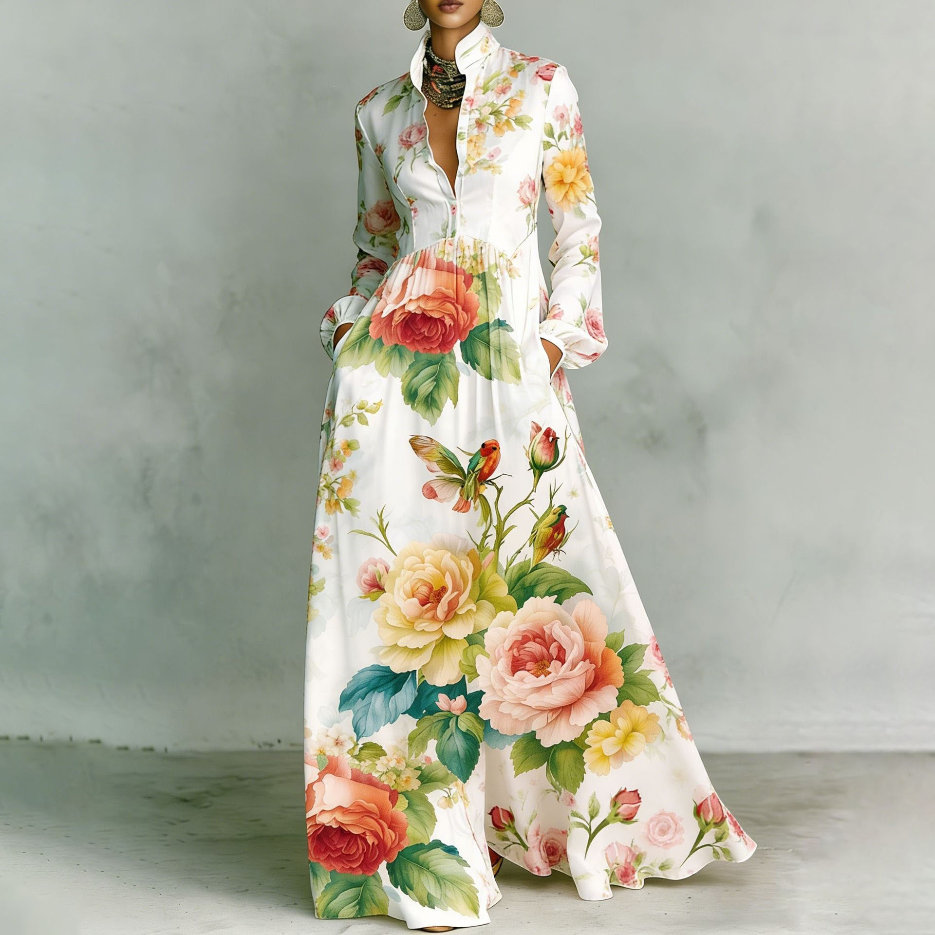 French Style Printed Long Dress with Collar, Loose Casual Vacation Dress