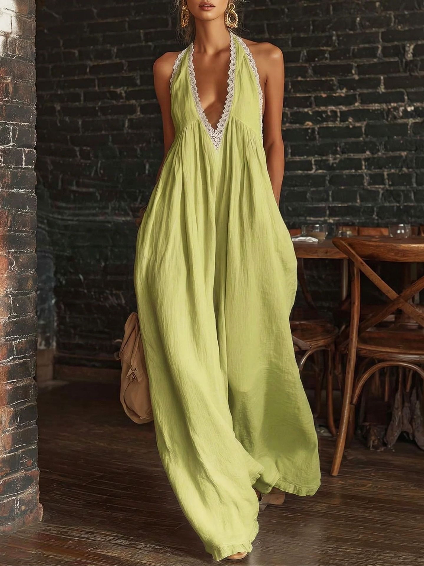Women's Halter Deep V Lace Panel Loose Linen Jumpsuit