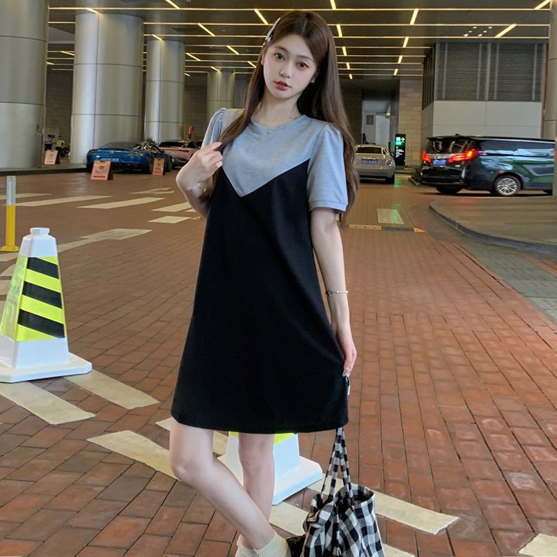 Color-Block Plus Size Short-Sleeve Midi Dress with Faux Two-Piece Design