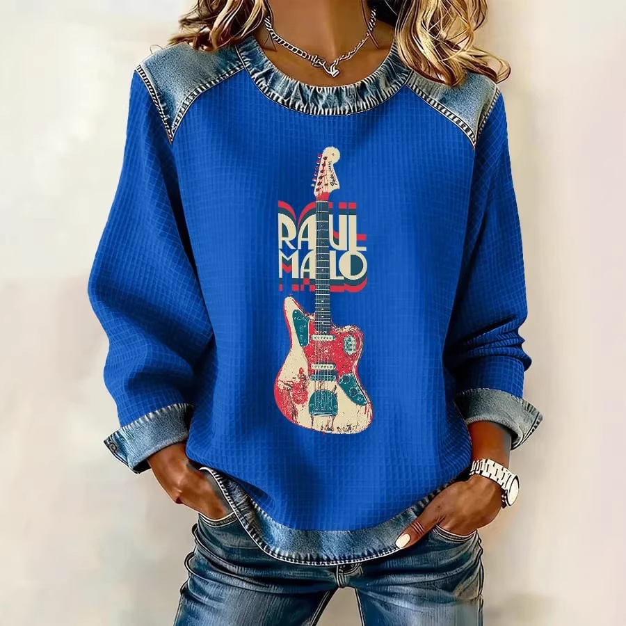 Women's Letter Guitar Print Crewneck Sweatshirt