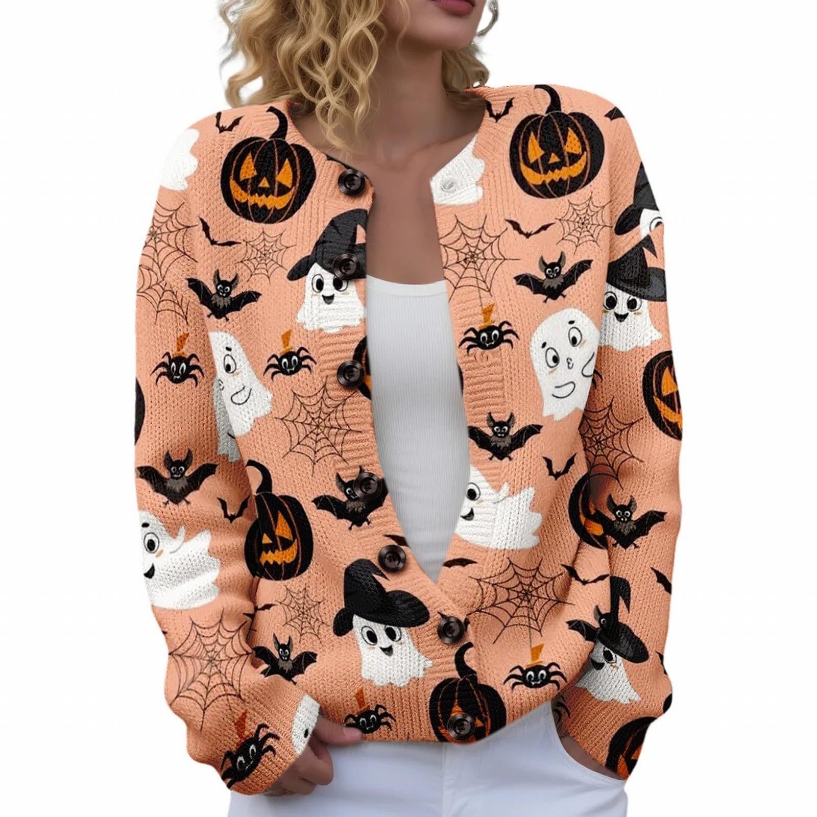 Women's Halloween Ghost Pumpkin Print Button Cardigan Sweater