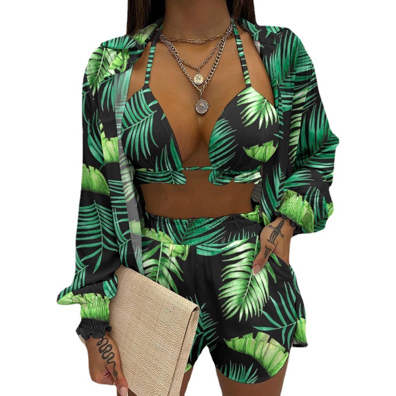 Women's Tropical Print Shorts 3-Piece Set Sexy Beach Vacation Outfit
