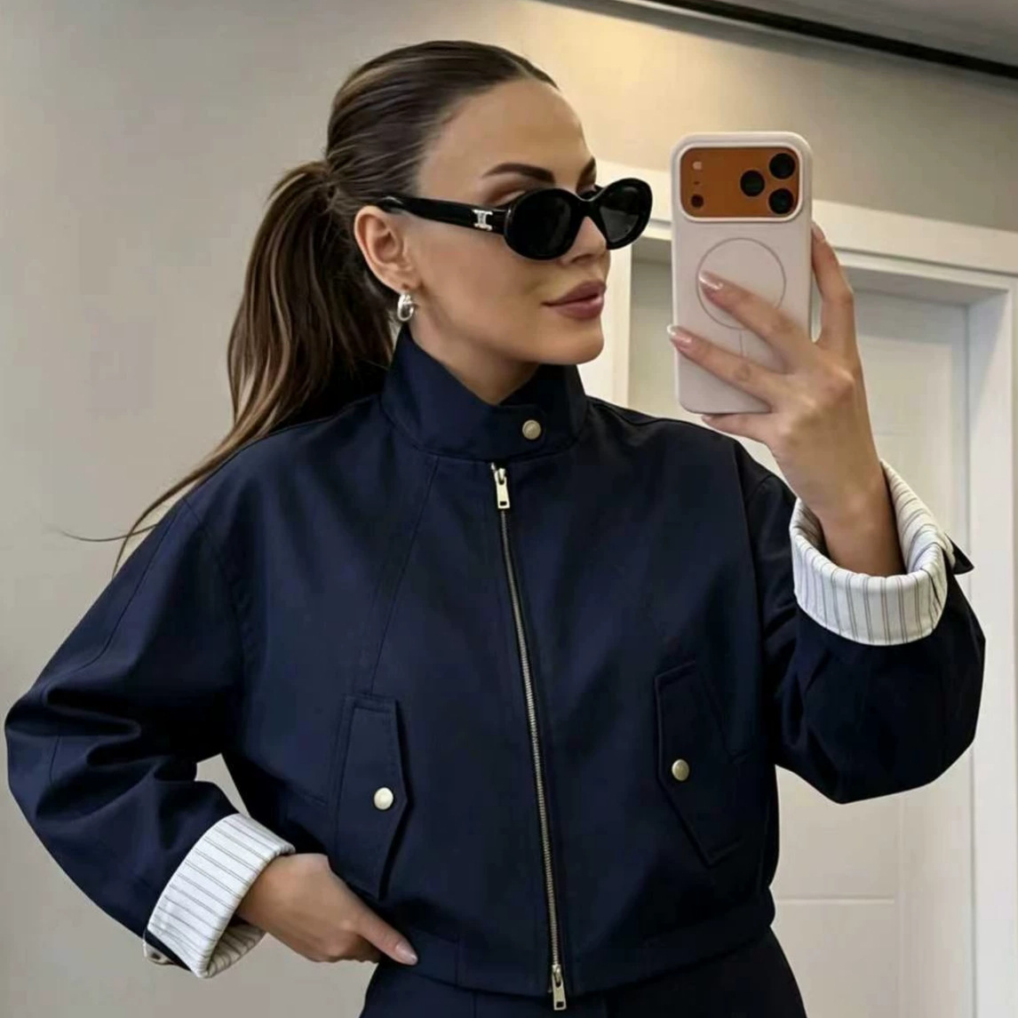Striped Lapel Collar Loose Casual Jacket