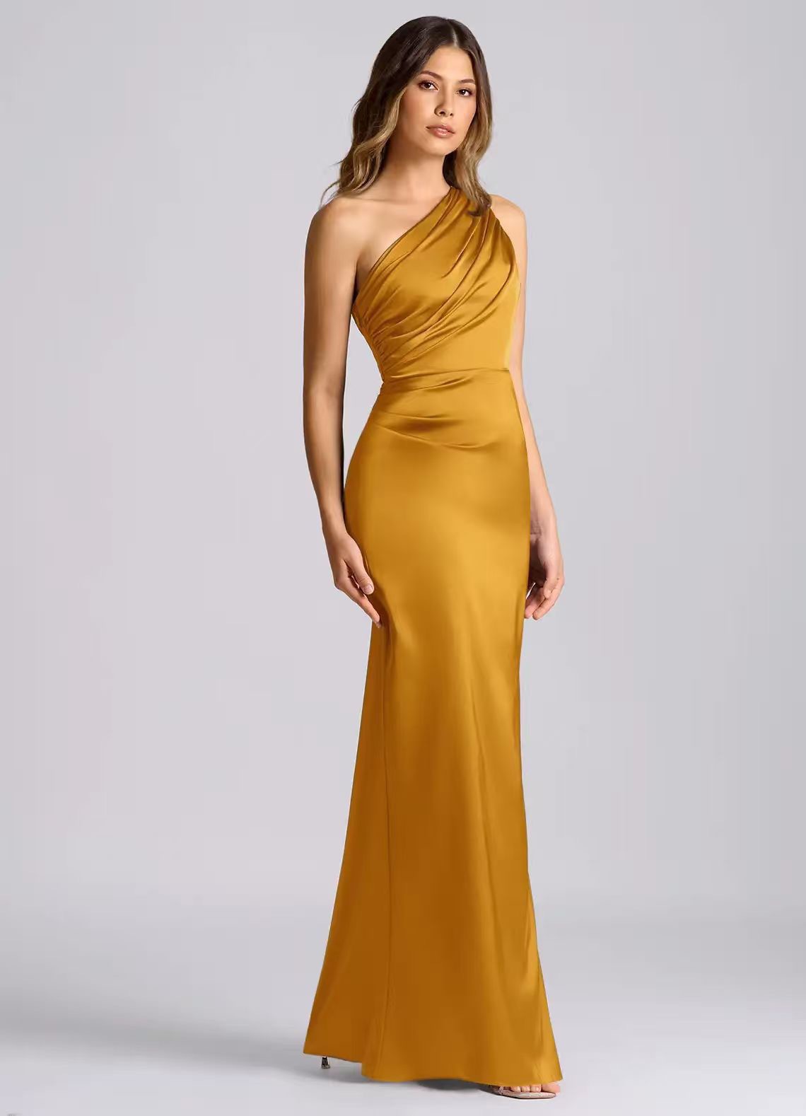 One-Shoulder Satin Evening Dress Asymmetric Long Gown