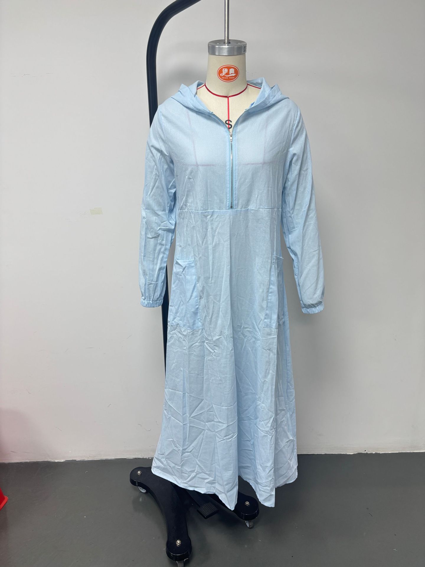Hooded Half-Zip Cotton-Linen Long Sleeve Dress with Cuffed Sleeves