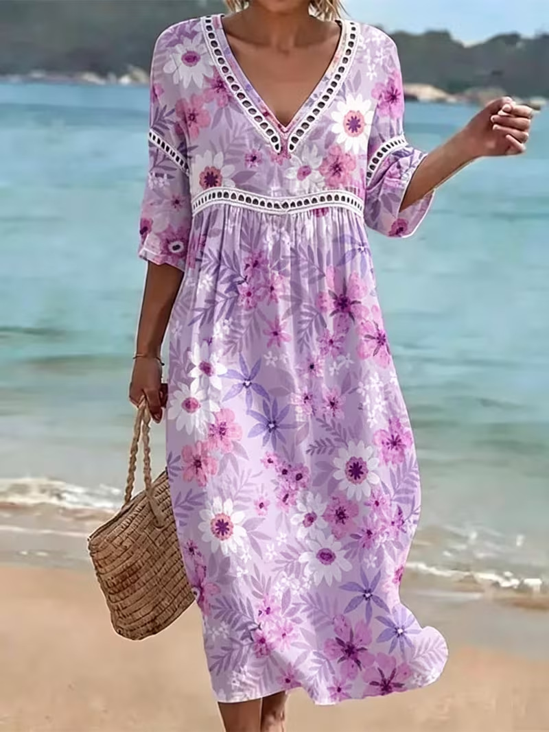 Women's Floral Print Pleated Midi Dress Deep V-Neck Five-Sleeve Slim Fit