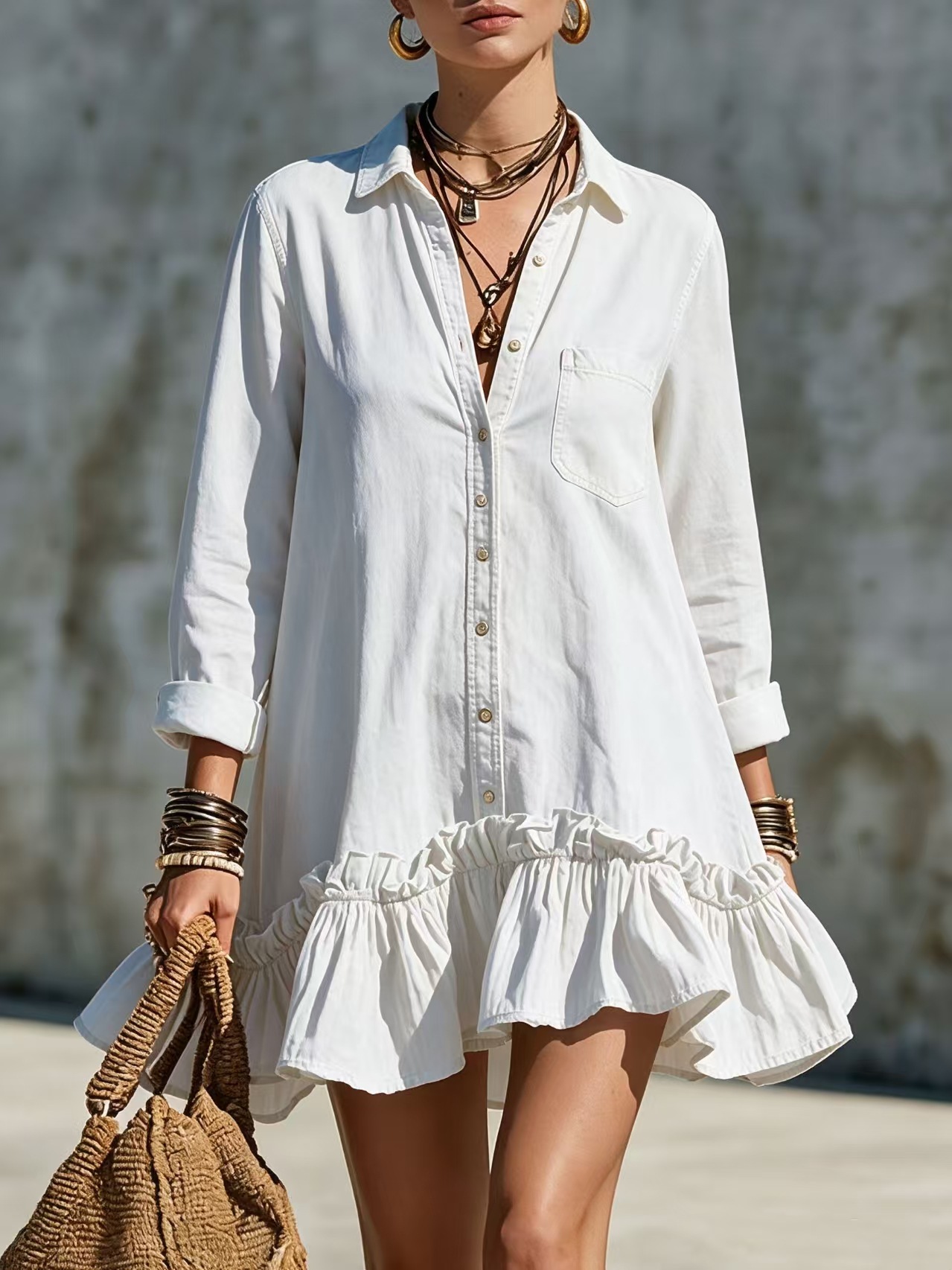 Retro Button-Front Shirt Dress with Ruffle Hem, Loose Fit, Long Sleeve, Short Length