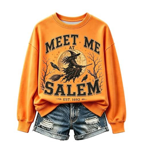 Halloween Witch Castle Print Crewneck Long Sleeve Pullover Sweatshirt