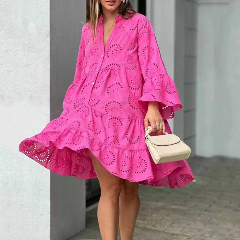Solid V-Neck Embroidered Eyelet Lace A-Line Midi Dress