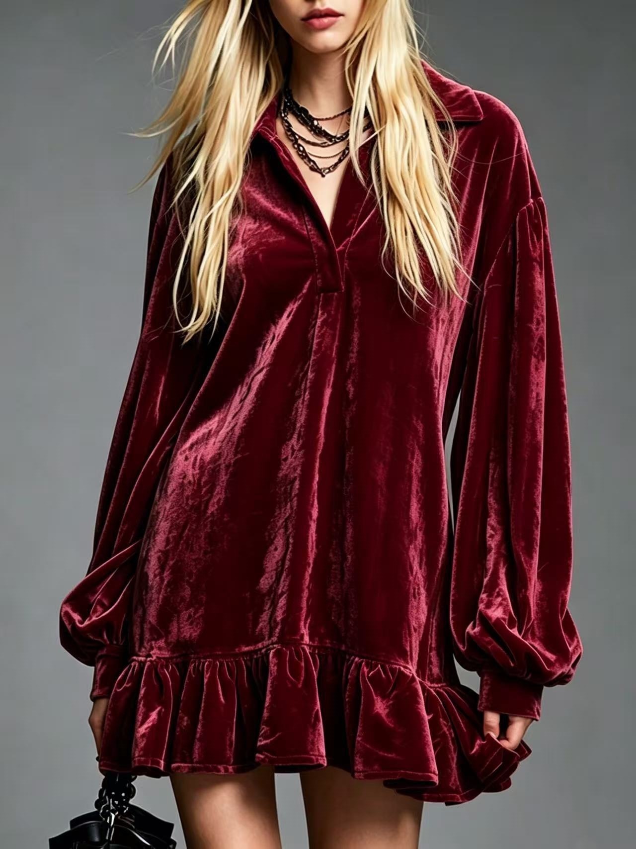 French-Style Velvet Lantern-Sleeve Ruffle Collared Shirt Dress