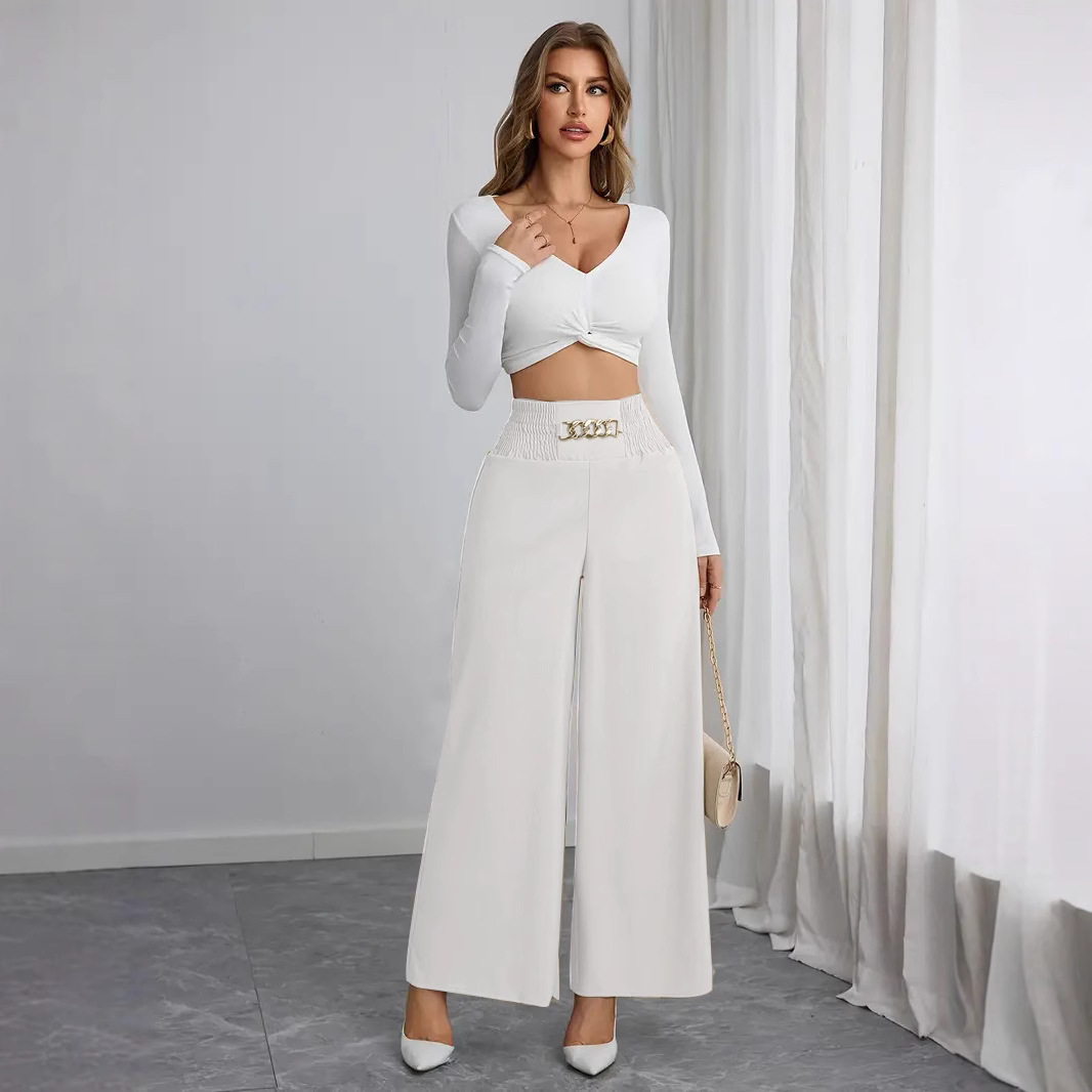 High-Waist Chain Smocked Wide-Leg Pants