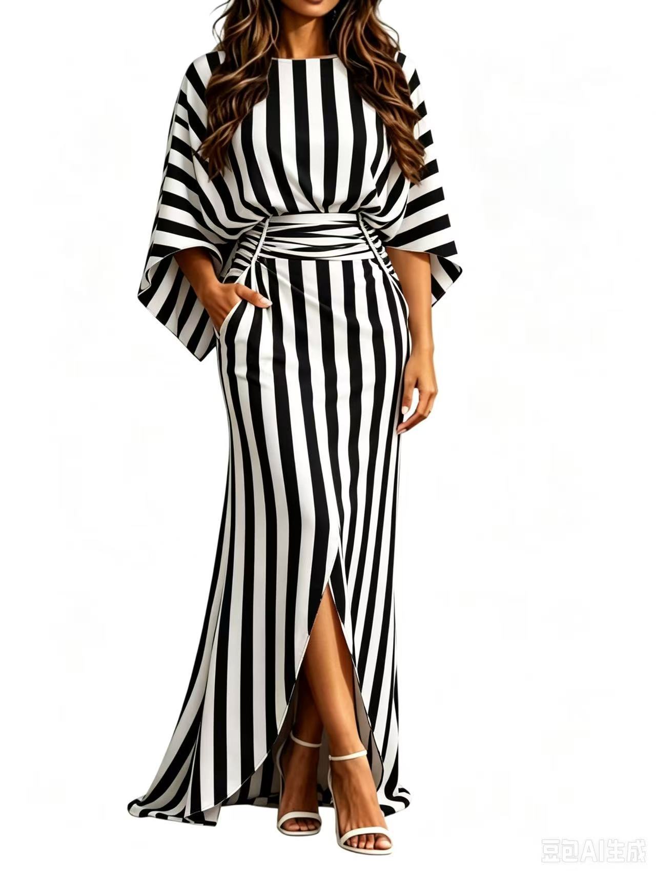 Striped Elegant Waist-Cinching Pleated Long Dress with Pockets