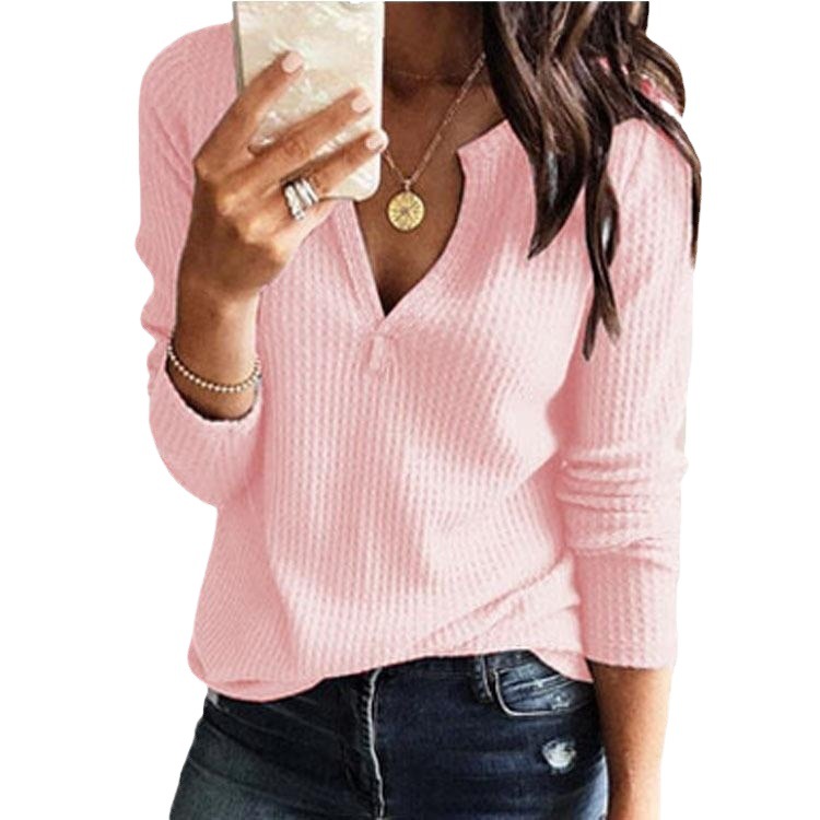 Women's Waffle Knit V-Neck Long Sleeve Top