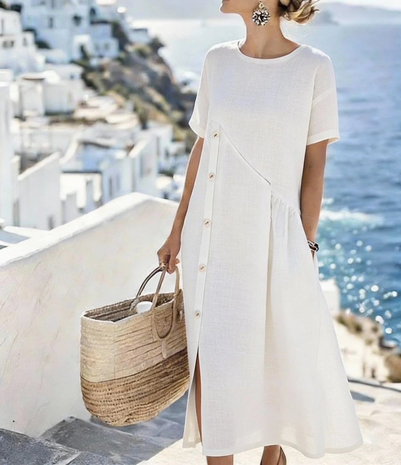 Casual Button-Trim Midi Dress with Pockets