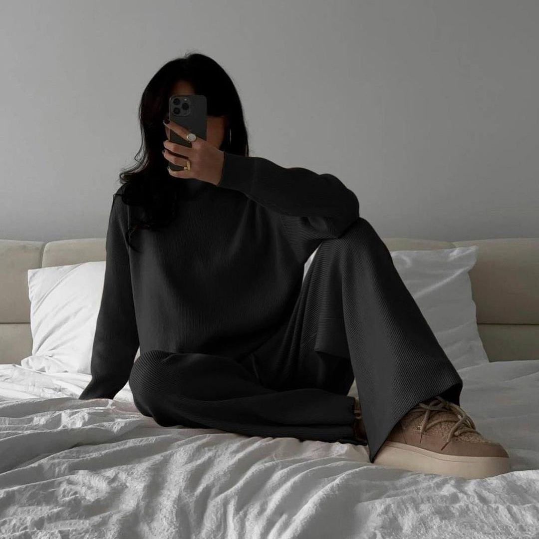 Women's Casual Solid High Neck Knit Long Sleeve Pant Set