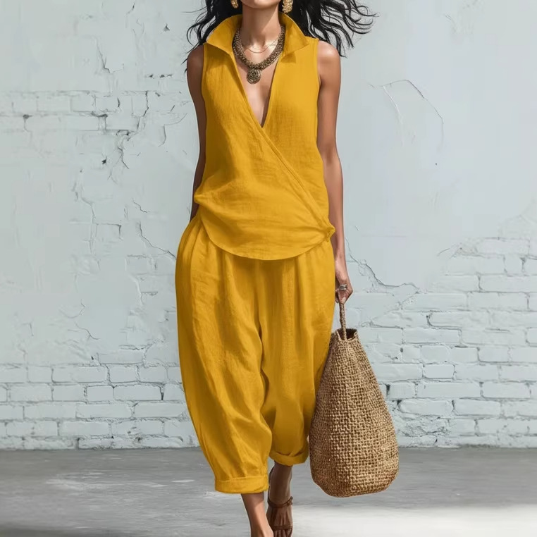 Women's Linen-Blend Collared Shirt and Wide-Leg Pants Two-Piece Set