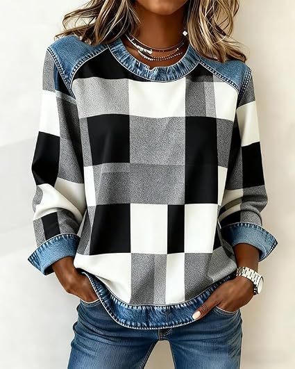Women's Plaid Color-Block Print Casual Hoodie