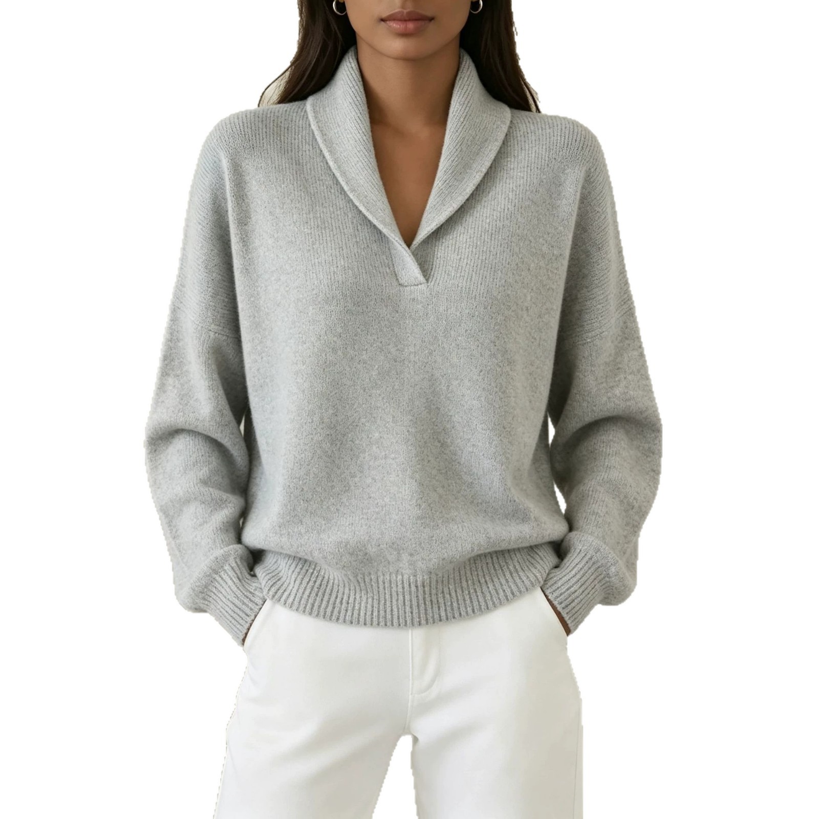 V-Neck Long Sleeve Solid Color Loose Knit Pullover Top