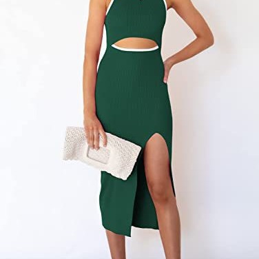 Women's Sleeveless Ribbed Midi Dress with Round Neck and Slit