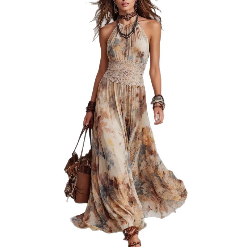Women's Vintage Oil Painting Floral Sleeveless Midi Dress with Waist