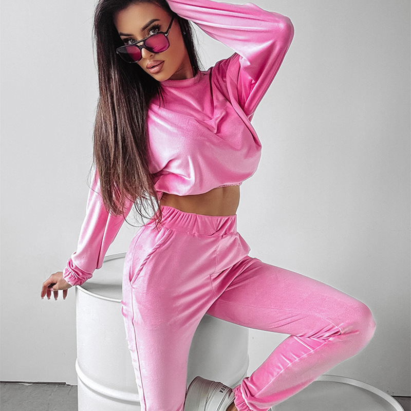 Women's Solid Color Long Sleeve Round Neck Fitted Hoodie and Jogger Two-Piece Set