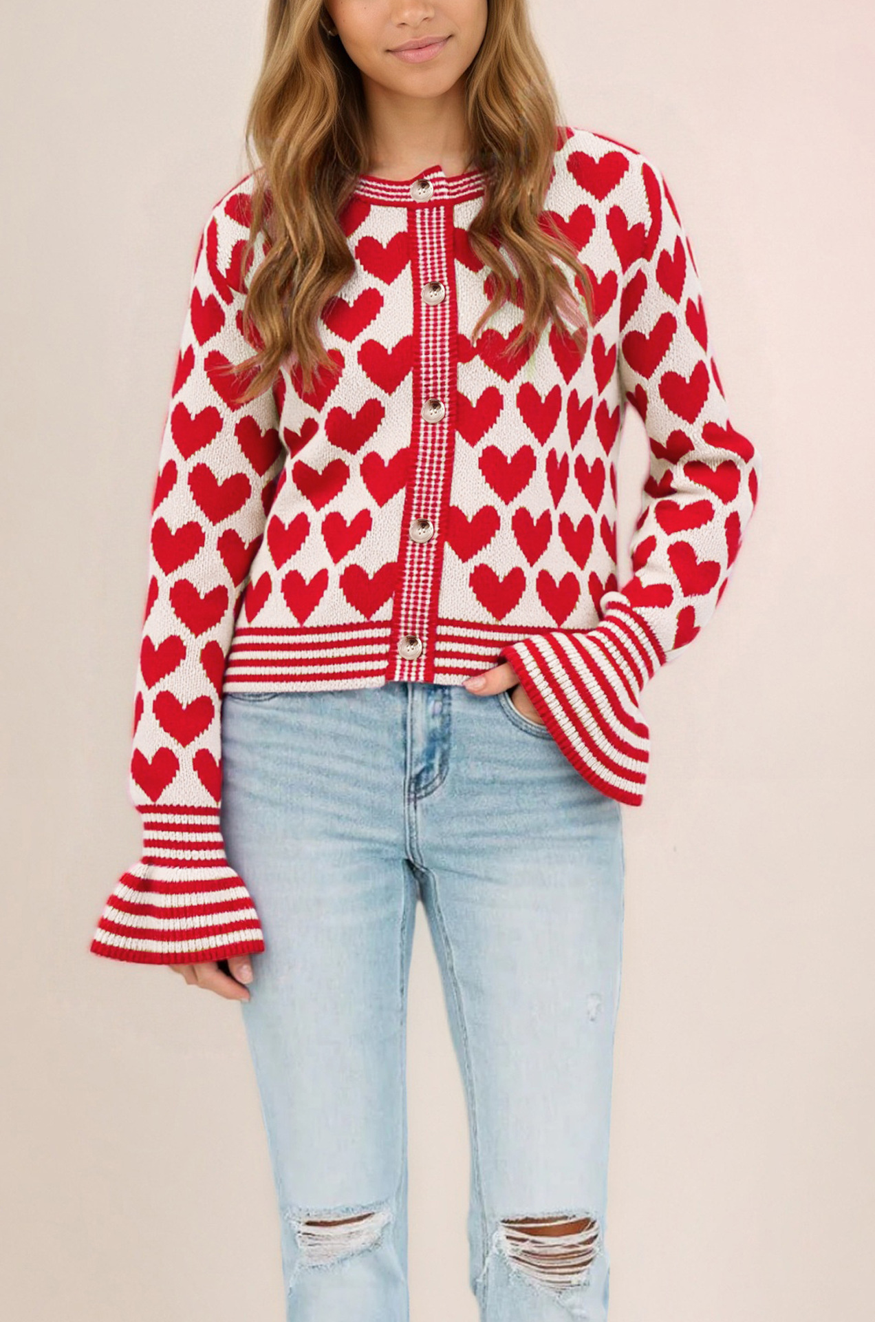 Heart Pattern Knit Cardigan Sweater Crew Neck Colorblock