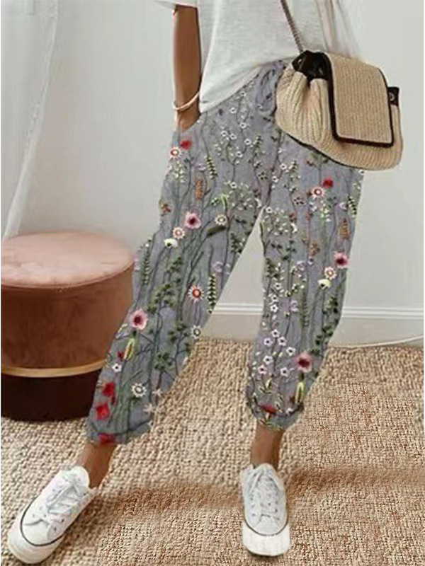 Women's Cotton-Linen Elastic Waist Casual Pants with Pockets