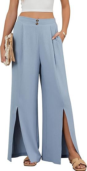 Women's High-Waist Wide-Leg Solid Casual Pants with Elastic Waist