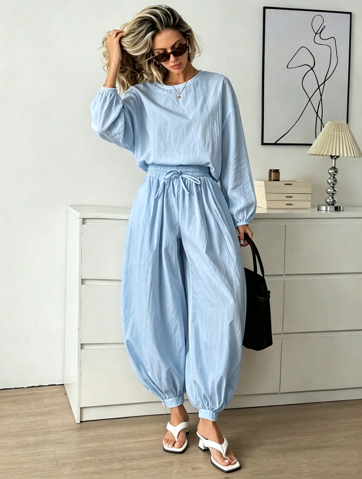 Women's Solid Color Round Neck Loose Sleeve Top and Wide-Leg Pants Two-Piece Set