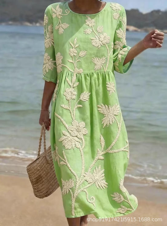 Women's Floral Print Ruched Midi Dress with Half Sleeves