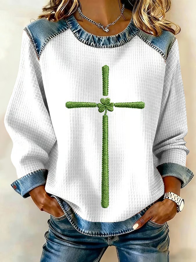 Women's Clover Print Waffle Knit Crewneck Sweatshirt
