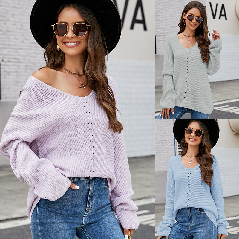 Women's V-Neck Pullover Sweater Loose Long-Sleeve Knit Top