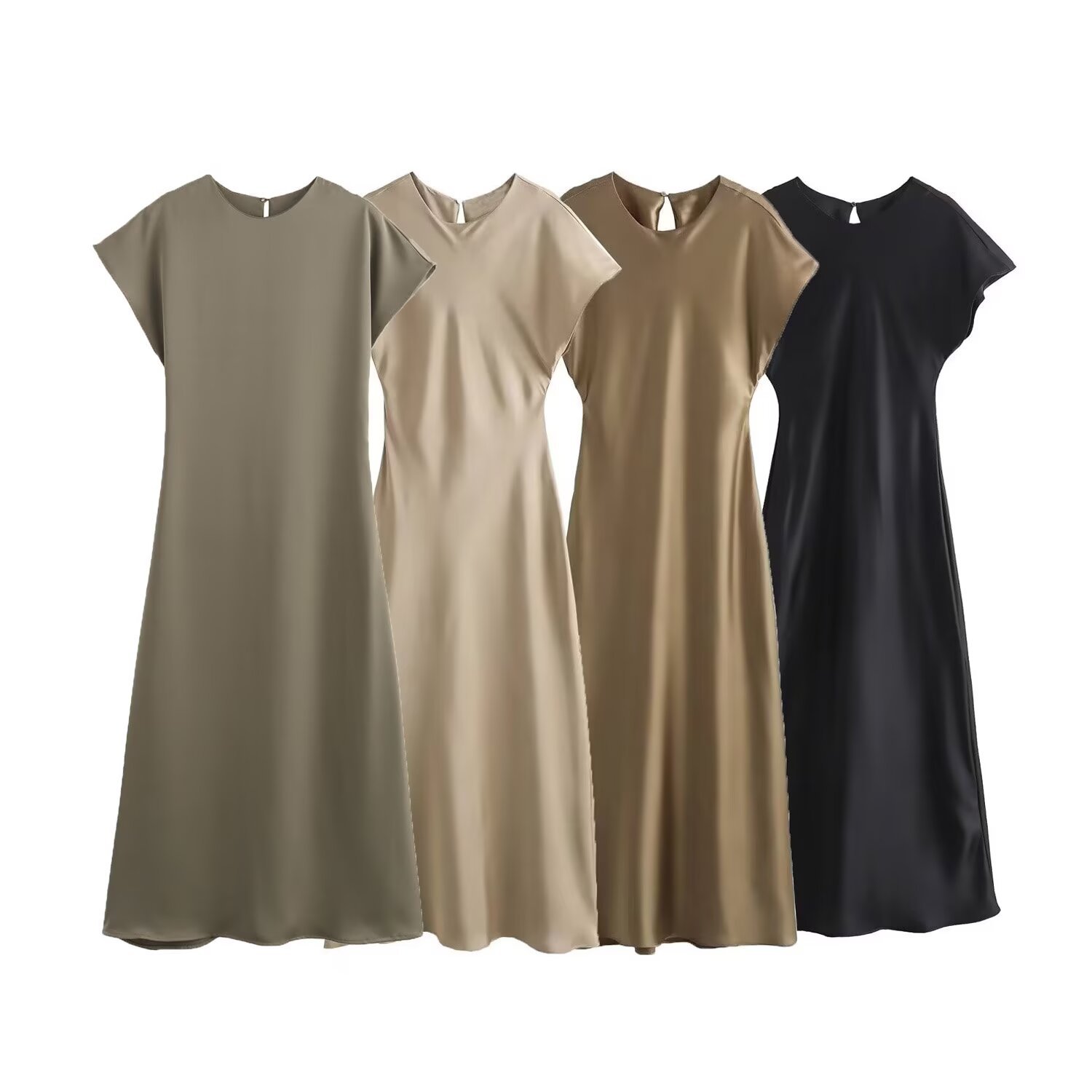 Elegant A-Line Midi Dress with Short Sleeves and Round Neck