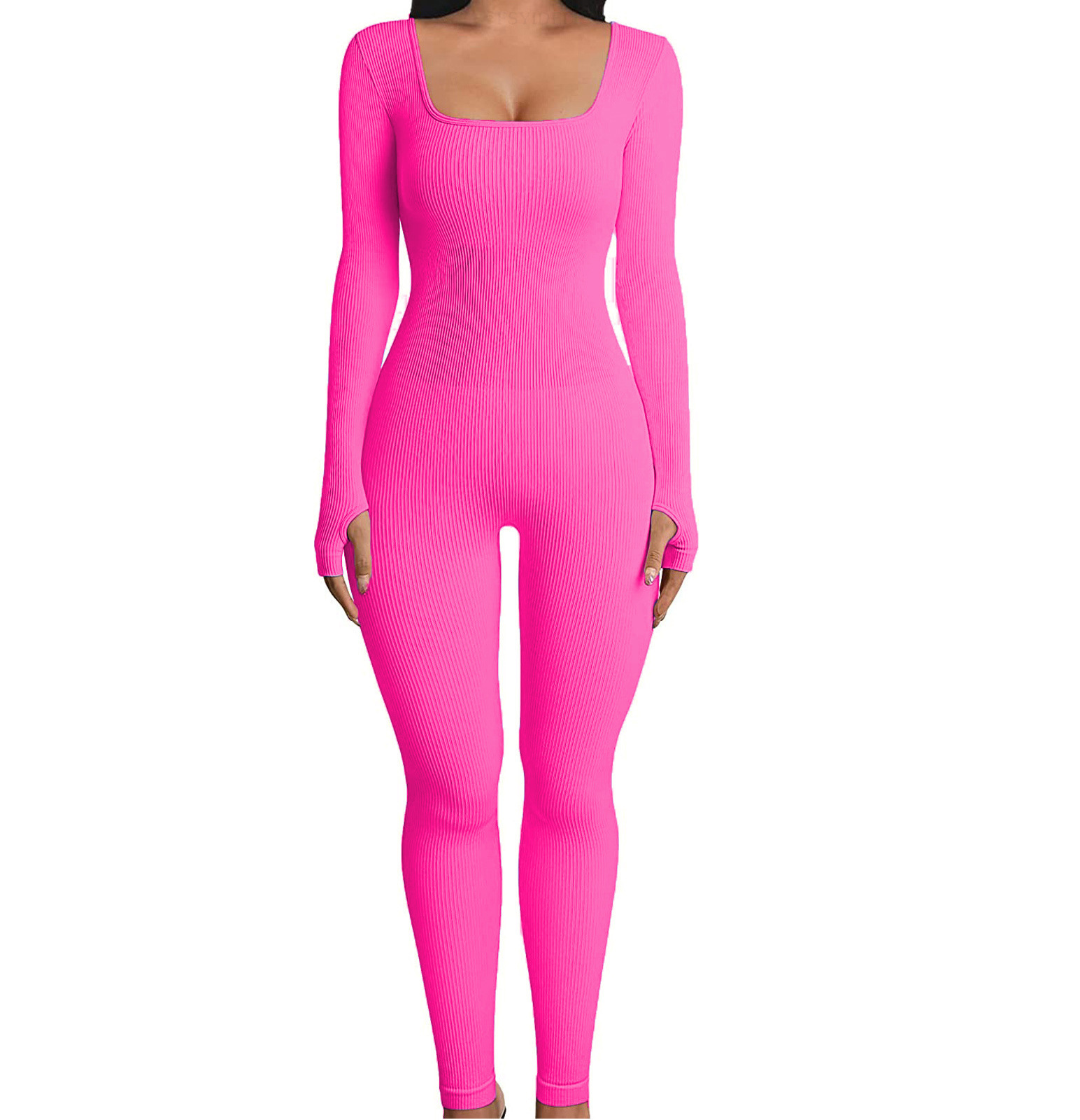 Ribbed Square Neck Butt-Lifting Slim Fit Yoga Jumpsuit for Women
