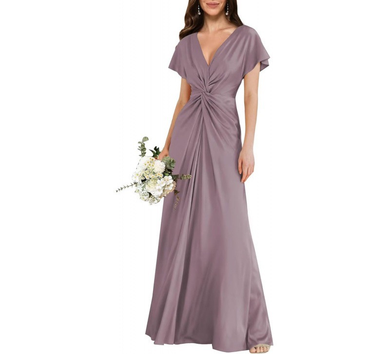Satin Short Sleeve A-Line Dress V-Neck Midi Formal Party Bridesmaid