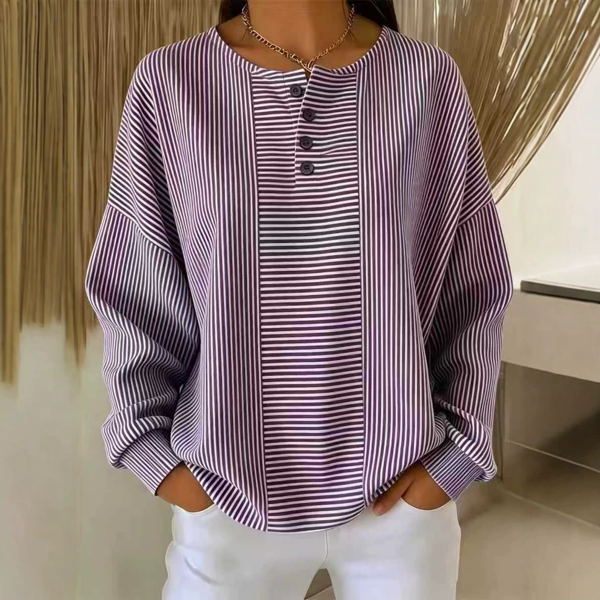 Women's Solid Print Button Sweatshirt