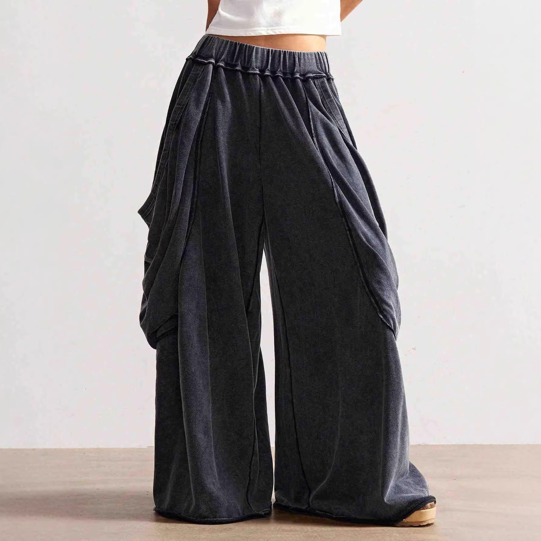 Women's Flowy Wide-Leg Dance Pants Low-Rise Gothic Harem