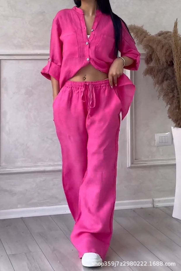 Cotton-Linen Solid Shirt & Drawstring Wide-Leg Pants Set