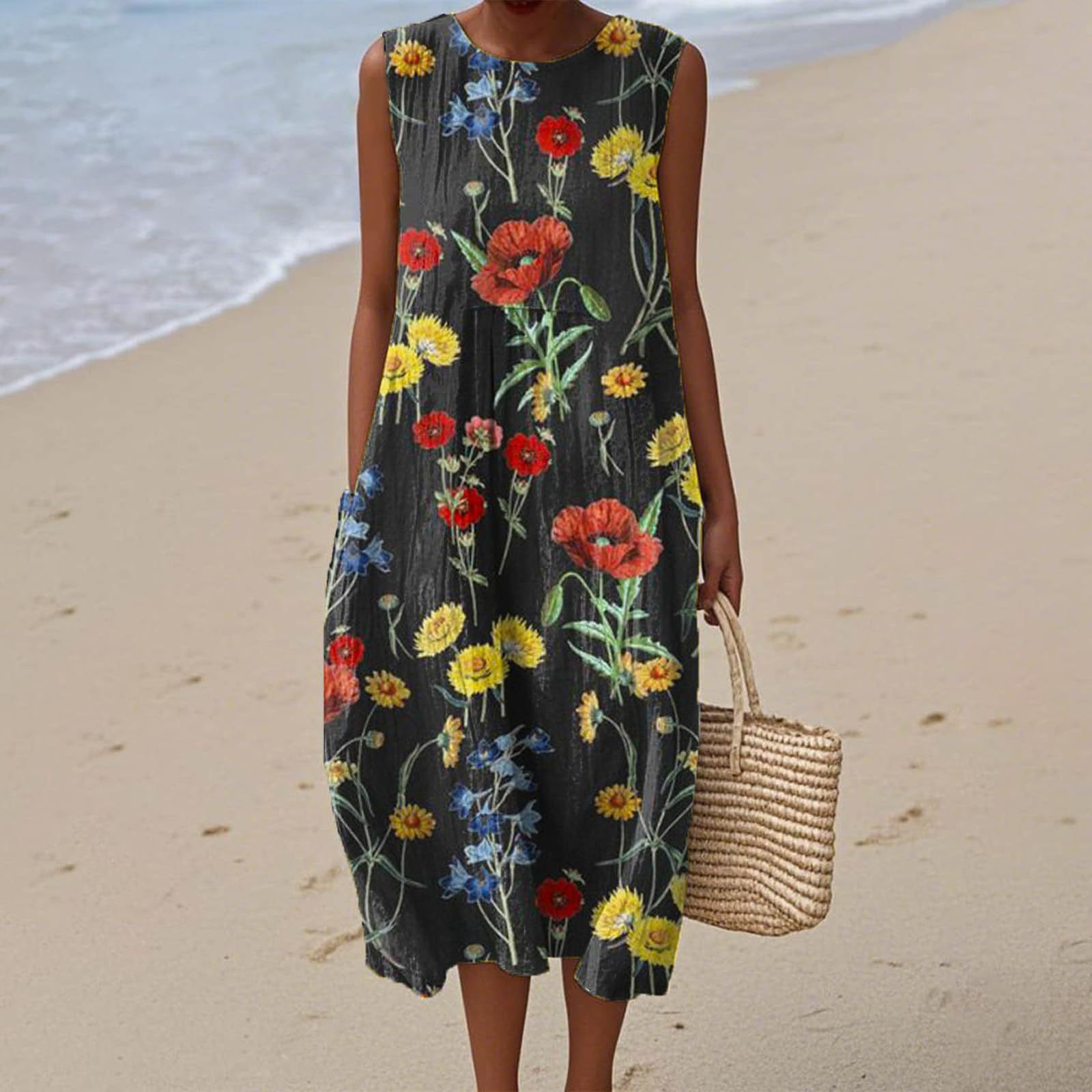Women's Vintage Floral Print Midi Dress Sleeveless Round Neck Slim Fit