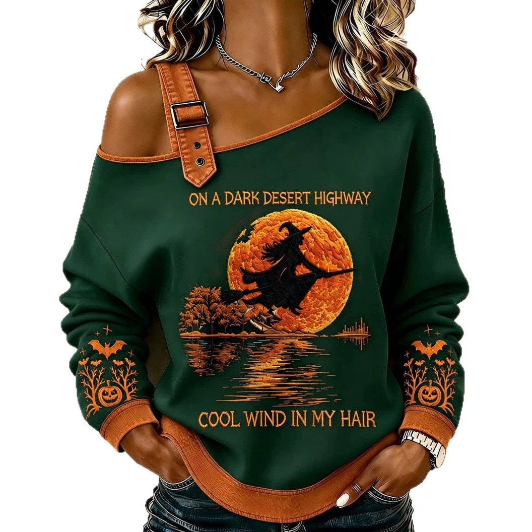 Halloween Witch Broom Print Crewneck Long-Sleeve Lace-Up Sweatshirt
