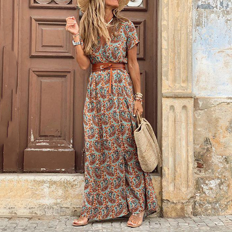 Bohemian V-Neck Floral Print Midi Dress