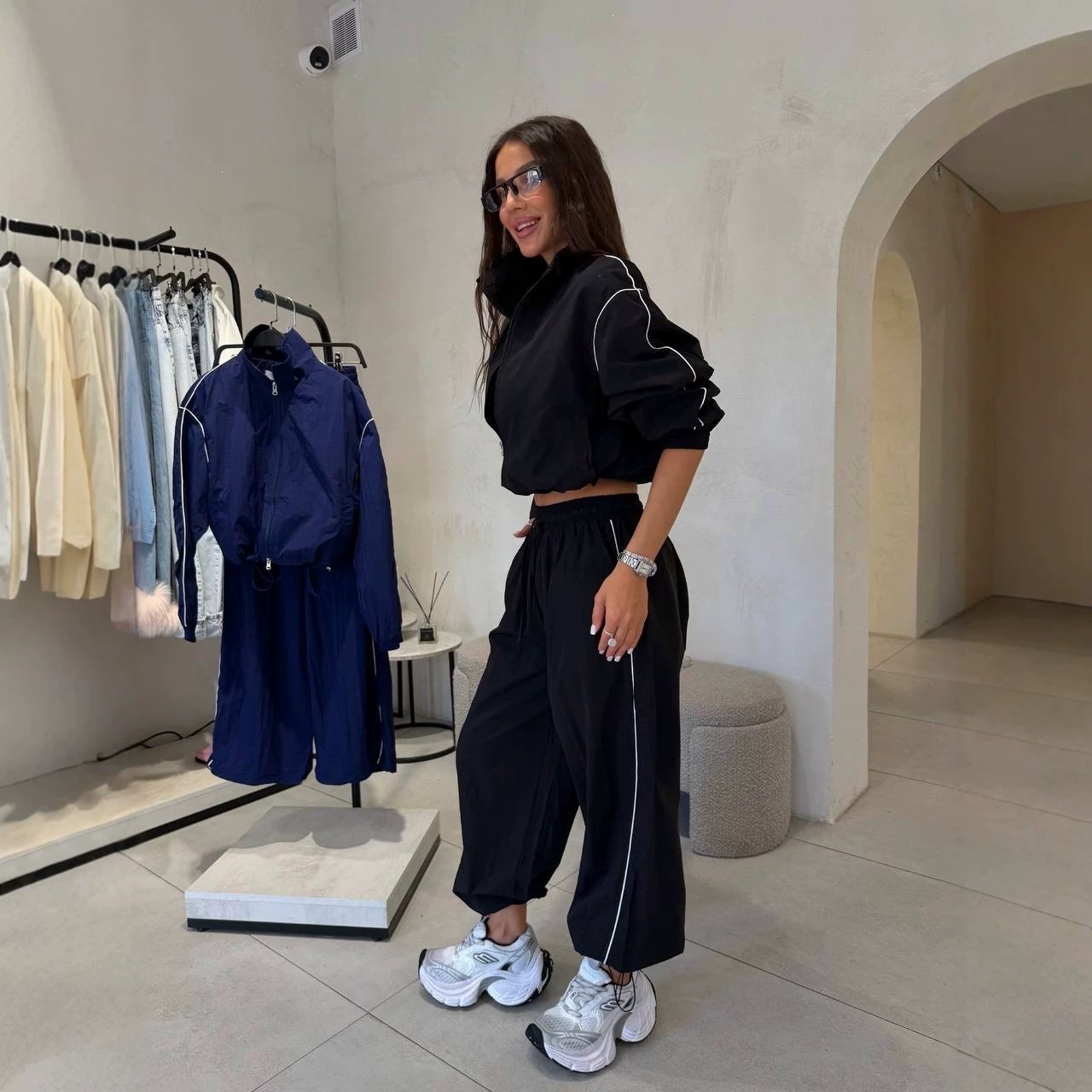 Colorblock Zip-Up Cropped Jacket and Jogger Pants Set