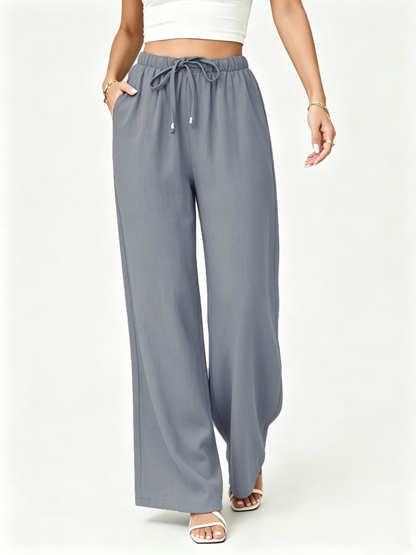 Women's Linen-Blend Drawstring High-Waist Wide-Leg Pants