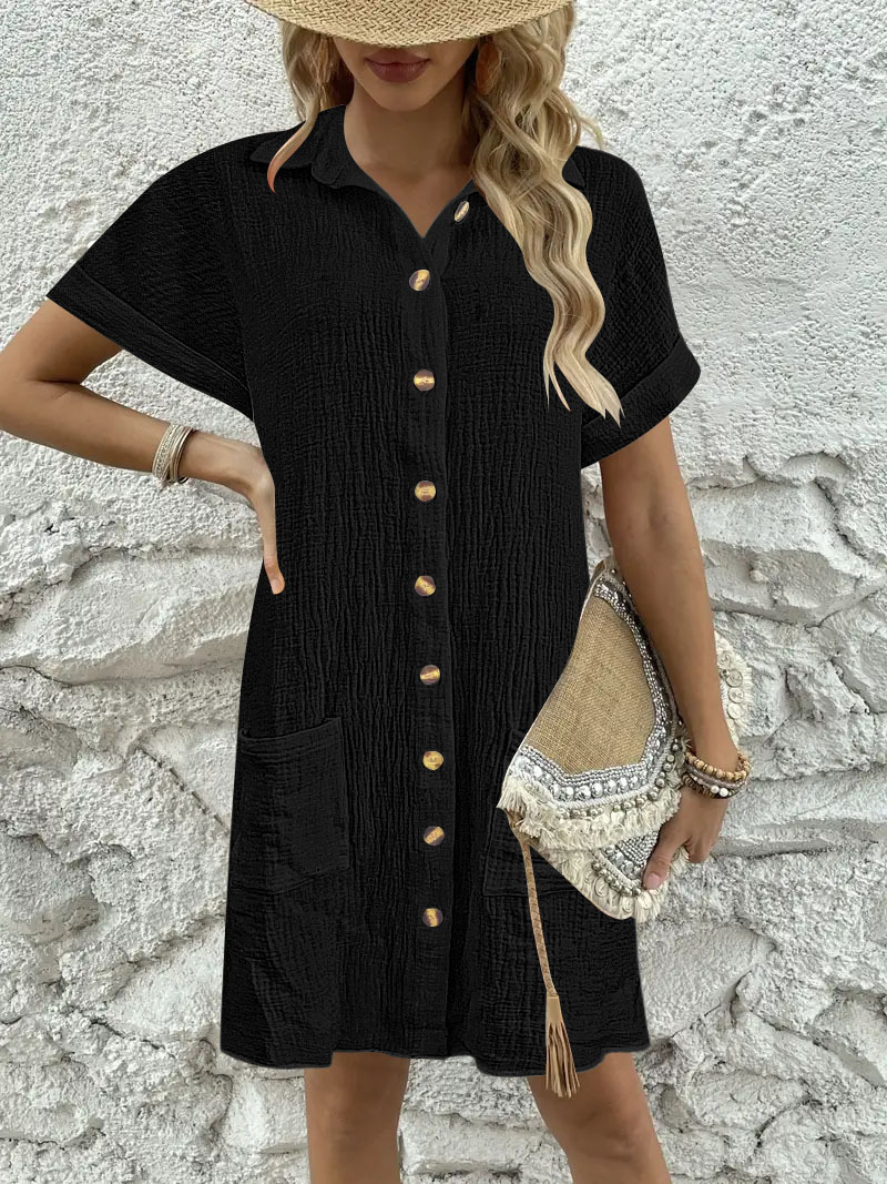 Women's Solid Color Button-Front Collared Shirt Dress Casual Short Sleeve