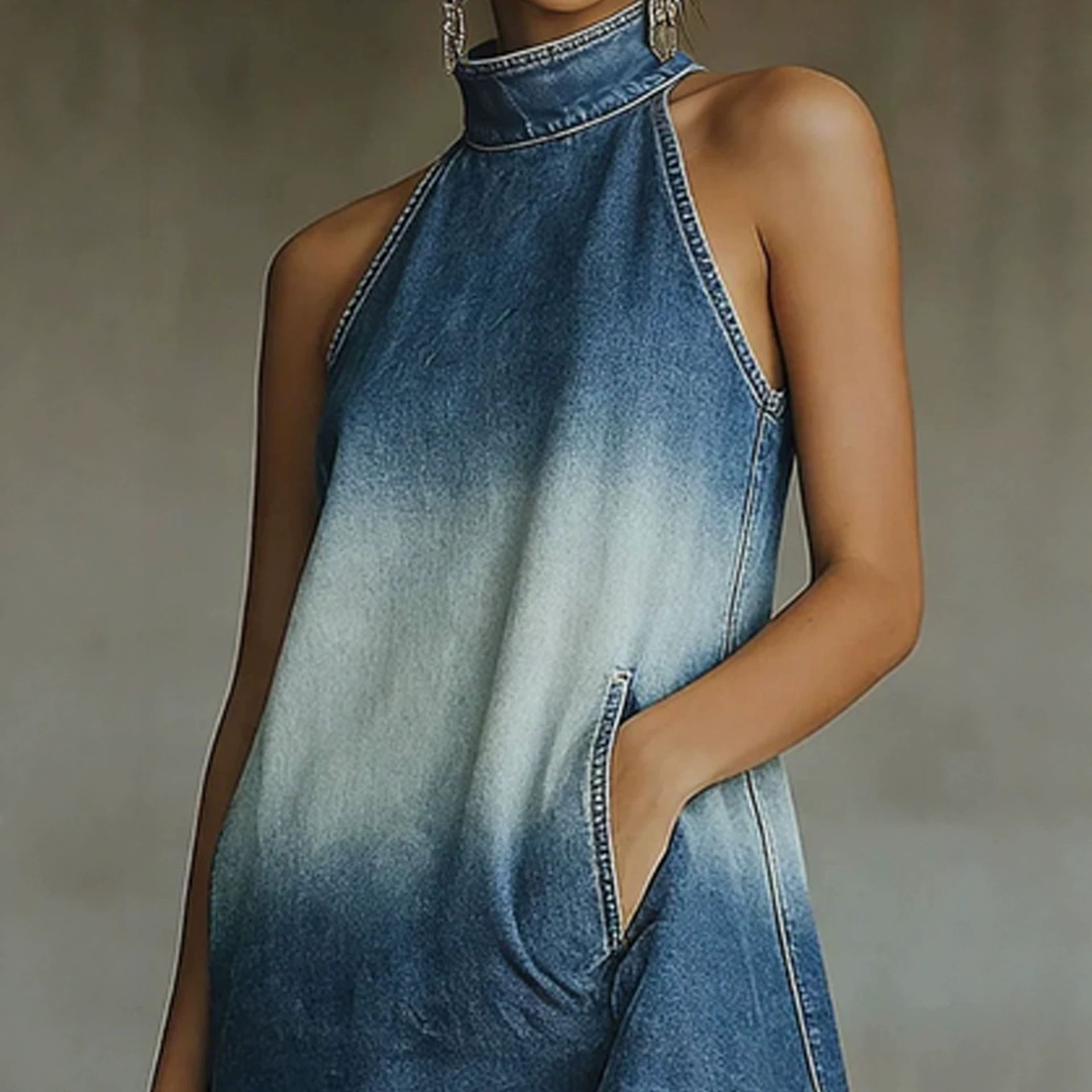 Casual Denim Mini Dress with Stand Collar