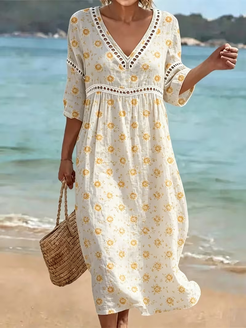 Women's Floral Polka Dot Print Pleated Midi Dress
