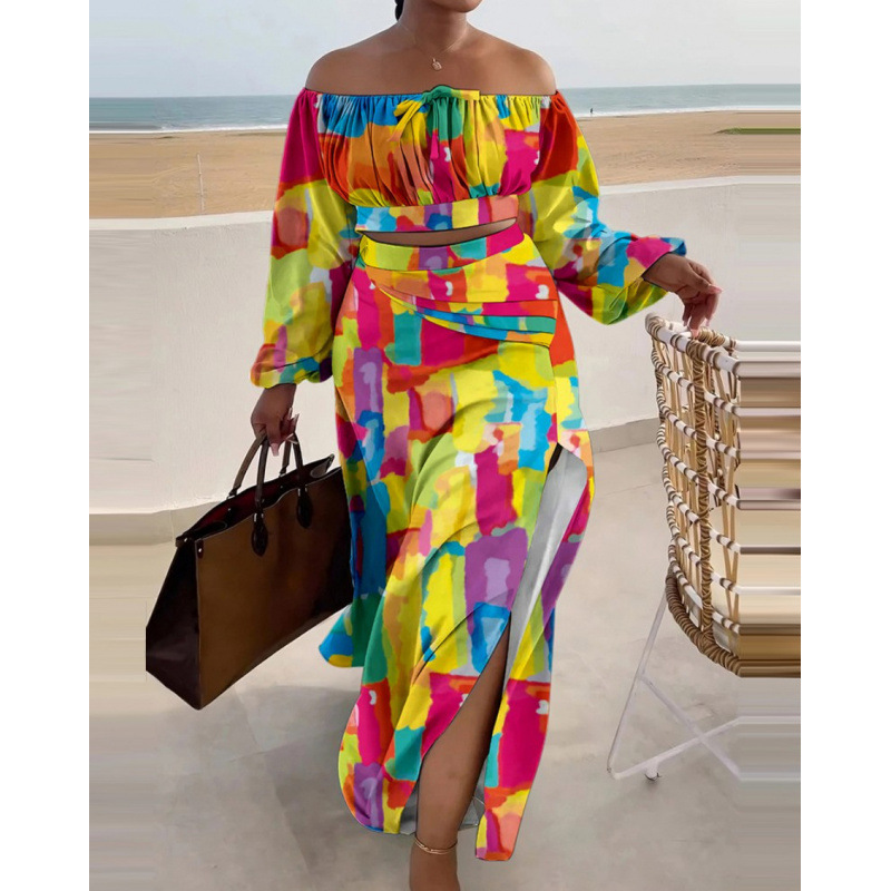 Off-Shoulder Slit Dress Set with Printed Top