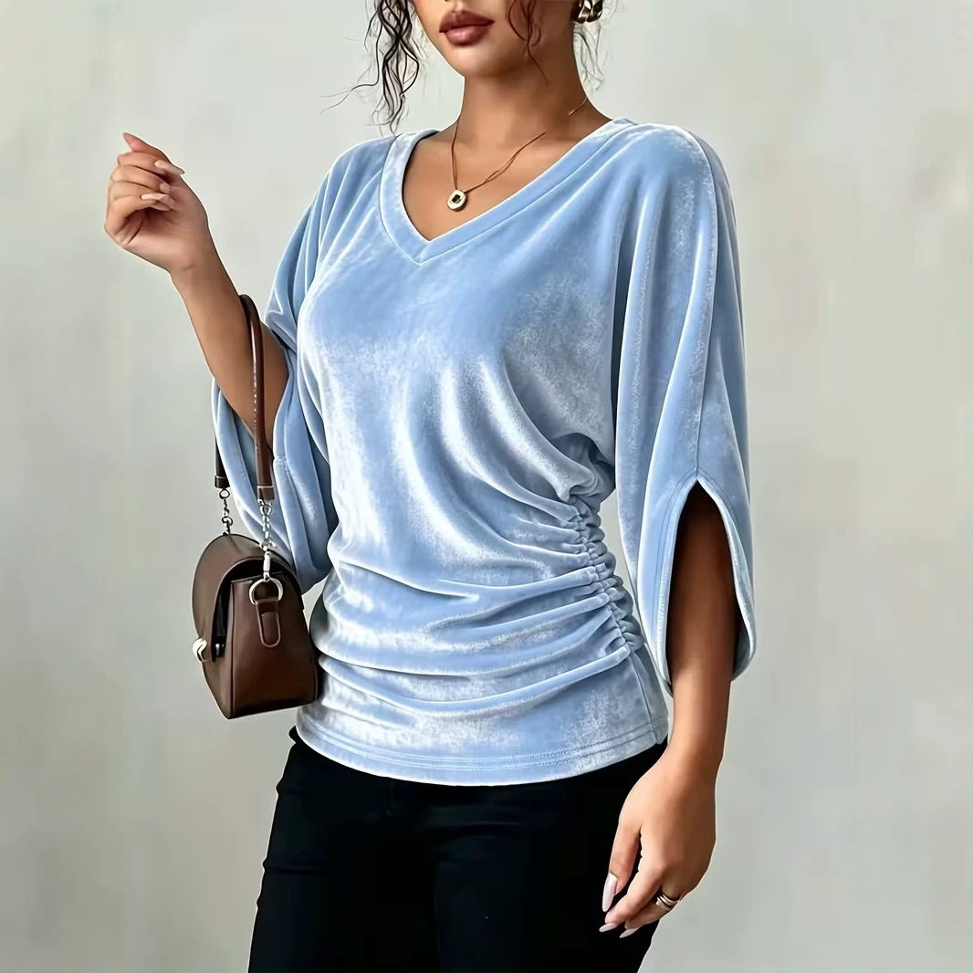 Women's Velvet V-Neck Batwing Sleeve Top