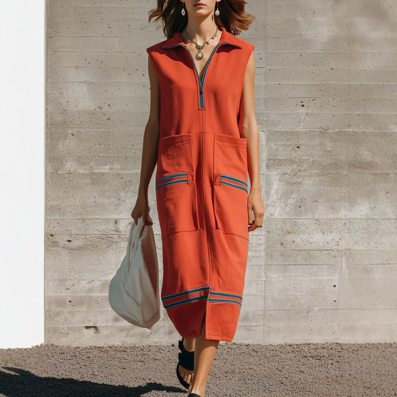 Retro Striped Orange Half-Zip Sleeveless Long Dress